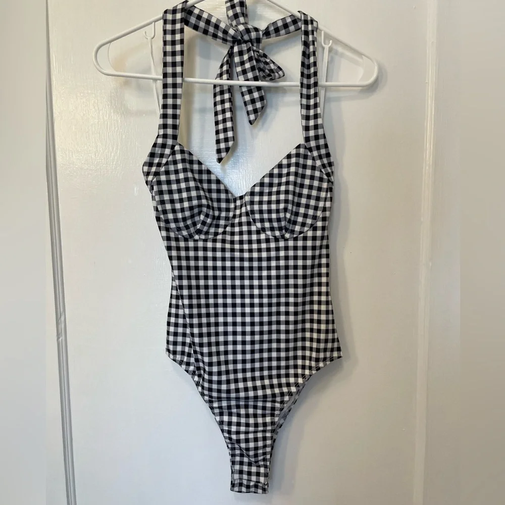 Princess Polly June Gingham Bodysuit Halter Tie Black White Check